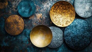 Various sized decorative colored circular plates on a grunge background photo
