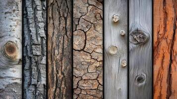 Assorted tree bark textures and colors arranged vertically together photo