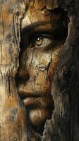 Human face seamlessly blends with the texture of a tree photo