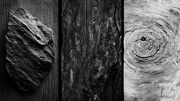 Monochrome triptych showcasing textures of rock and wood grain photo