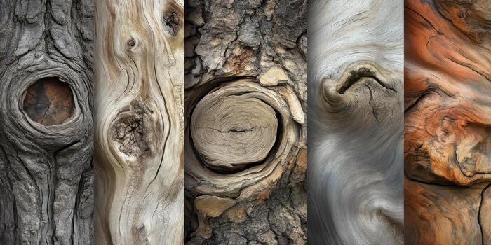 Collage showing close up views of diverse tree bark photo