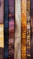 A variety of colorful and patterned wooden planks are displayed photo