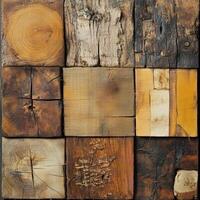 Wood blocks arranged together exhibiting different textures and grains photo