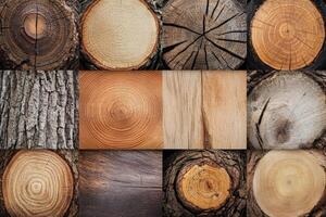 Close up view of a grid of various wood surfaces photo