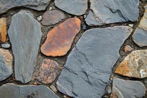 Asymmetrical stone wall showcases varied colors textures and shapes photo