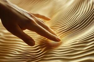 A hand gently touches golden rippled fabric with delicate texture photo