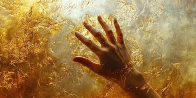 Human hand reaching out from a background of gold foil photo