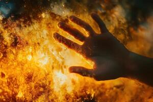 Hand reaches towards bright golden light with water droplets photo