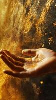 Hand holds a cascade of shimmering golden dust particles photo