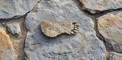 Rock foot embedded in a wall of rough stone photo