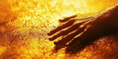 Gold painted skin with hand resting gently on surface photo
