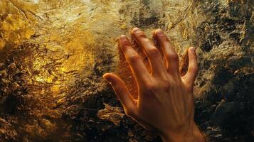 A human hand touching a golden textured rock surface photo