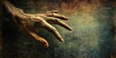 An aged hand reaches down against a textured background photo