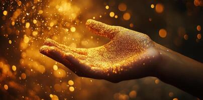 Human hand covered in golden glitter with bokeh background photo
