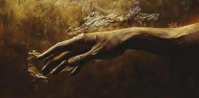 A sculpted hand reaching out over a textured golden surface photo