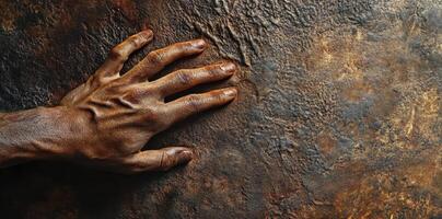 Hand reaching across textured brown surface shows veins and details photo