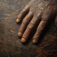 A textured hand lies against a dark cracked surface pattern photo