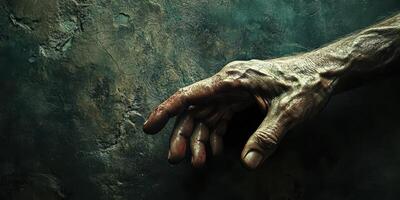 An outstretched hand is against a dark textured background photo