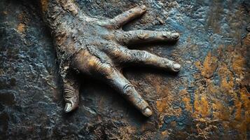 Impressive hand sculpture displayed on an aged textured background photo