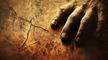 An elderly hand rests on cracked and weathered earth photo