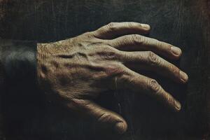 A weathered hand rests against a dark textured surface photo