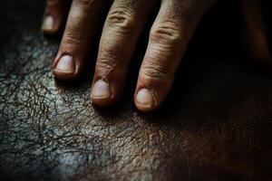 Human hand rests upon a textured brown surface in darkness photo