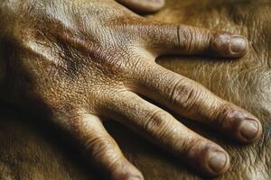 Wrinkled human hand on a textured brown surface photo