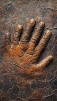 Textured hand print is pressed into cracked leather surface photo