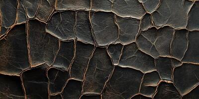 Heavily cracked dark leather surface with raised edges texture photo