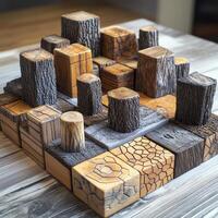 Assorted textured wooden blocks are arranged together on a surface photo