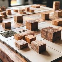 Assortment of wooden blocks arranged on a table surface photo