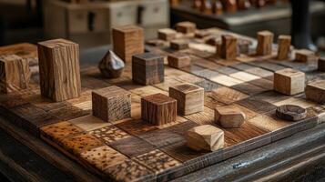 Intricate wooden board game with assorted handcrafted pieces displayed photo