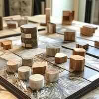 Various wooden geometric shapes displayed on patterned tile background photo