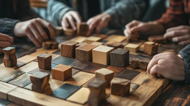 People playing a wooden block board game together closely photo