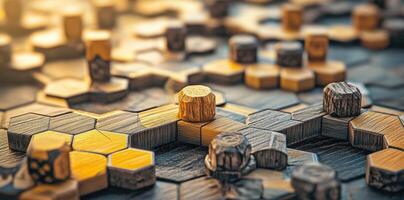 Close up of a wooden hexagonal board game surface photo