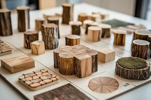 Assortment of wooden blocks and natural elements displayed creatively photo