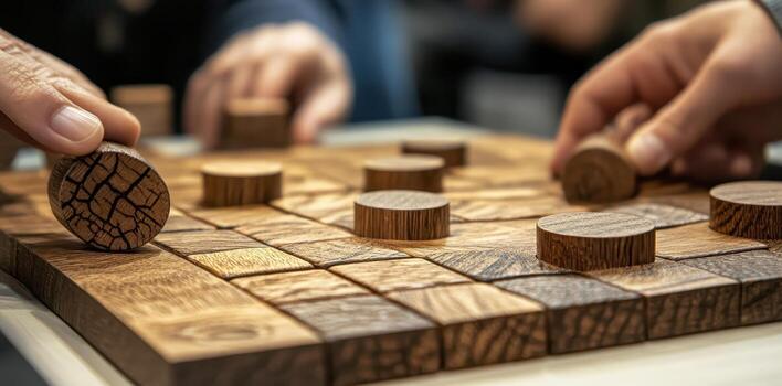 People are playing a game of checkers with wooden pieces photo