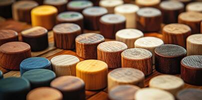 Assorted colorful wooden game pieces are arranged in rows photo
