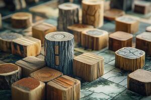 Collection of wooden cubes and cylinders on a patterned board photo