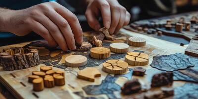 Hands arranging wooden pieces on a detailed board game photo