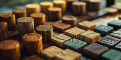 Wooden game pieces arranged on a wooden board surface photo