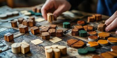 Hands arranging wooden game pieces on a textured wooden board photo