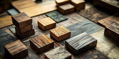 Wooden blocks and planks arranged aesthetically show different wood grains photo