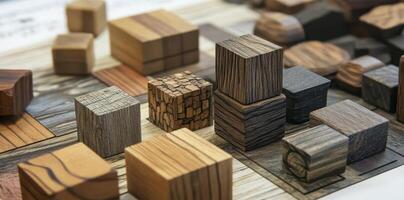 Assortment of wooden blocks and surfaces displaying different wood grains photo