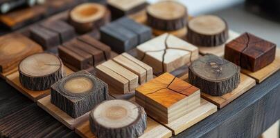 Various handcrafted wooden blocks and cross sections arranged on surface photo