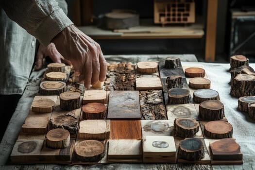 Man arranges wooden blocks and rounds on fabric surface photo