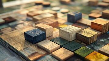 Colorful wooden game board with cubes and tile pieces photo