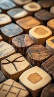 Wooden square blocks with different patterns are arranged closely photo