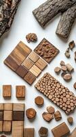Assorted wood blocks arranged symmetrically on a clean white surface photo