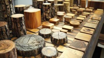 Assorted wooden blocks and logs display natural textures and grains photo